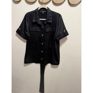 Marc New York Andrew Marc Black Collar Top Button-up M with black ribbon tie